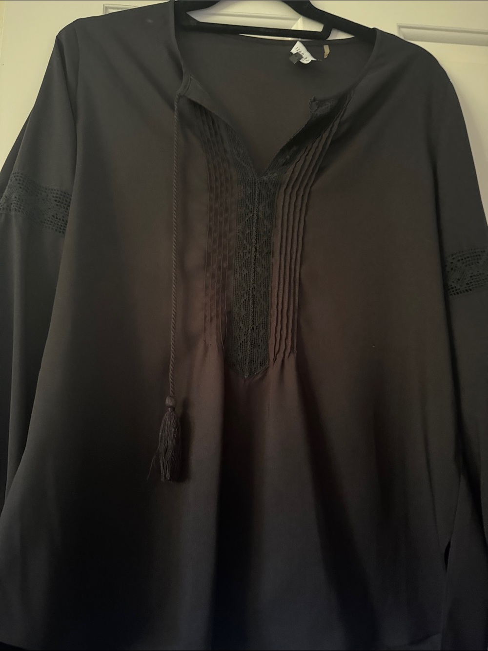 Black Lace-Trim Peasant Blouse with Tassel Tie